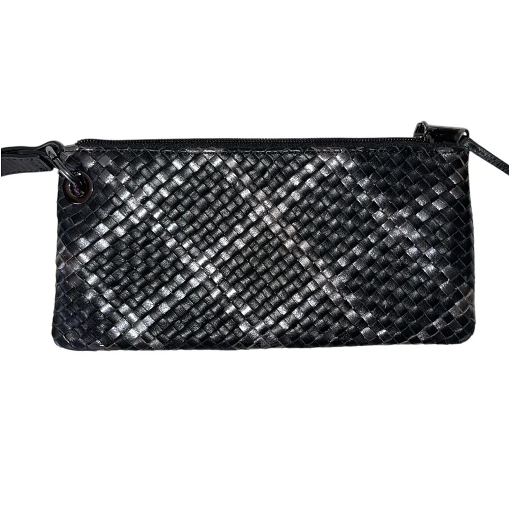 HOBO Vida Woven Women’s Metallic Black & Silver Leather Clutch